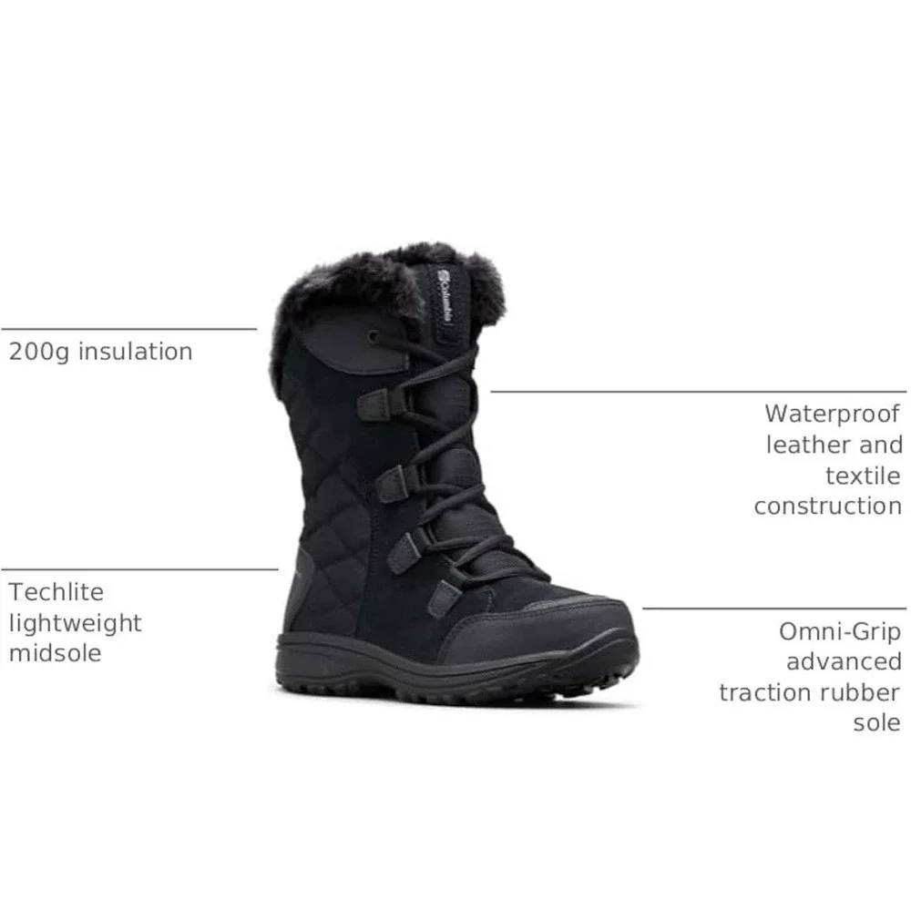 Columbia Ice Maiden II Waterproof Snow Boots Faux Fur Black Womens Size 9